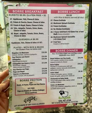 Menu — plenty of gluten free options   at Borreguitas in Pomona