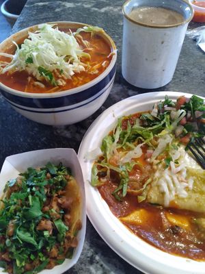 Pozole, tacos, enchiladas, abuelitas hot chocolate at Borreguitas in Pomona