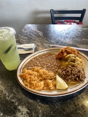 Vegan Lunch Taco Plate, with Taco de Papa con Nopal, Asada, y Pollo. Cucumber, Chia, and Lime Agua Fresca   at Borreguitas in Pomona