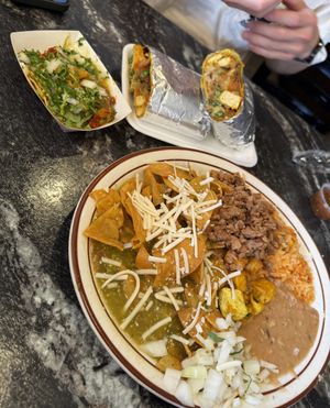Morning burrito, Al pastor taco and chilaquiles   at Borreguitas in Pomona