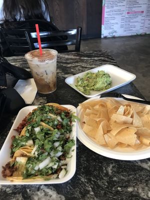 Tacos, coffee, and chip & guacamole yum!   at Borreguitas in Pomona