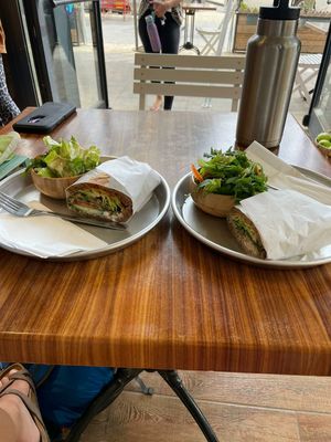 Omelet half-sandwich and Veggie Patty half-sandwich at I'm Here Because of my Wife - Ani Po Biglal Ishti - אני פה בגלל אשתי in Jerusalem