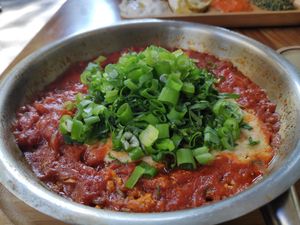 Vegan Shakshuka at I'm Here Because of my Wife - Ani Po Biglal Ishti - אני פה בגלל אשתי in Jerusalem