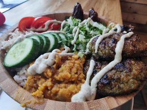 Buddha bowl with Qinua patties at I'm Here Because of my Wife - Ani Po Biglal Ishti - אני פה בגלל אשתי in Jerusalem