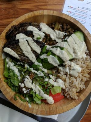 Buddah bowl - salad, stew, grain, and vegetable patty.  Delicious! at I'm Here Because of my Wife - Ani Po Biglal Ishti - אני פה בגלל אשתי in Jerusalem