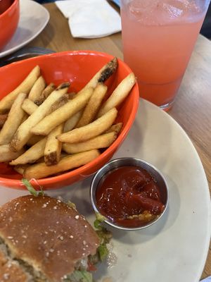 Santa Fe chicken sandwich with fries and strawberry lemonade.  at Veggie Grill by Next Level in El Segundo