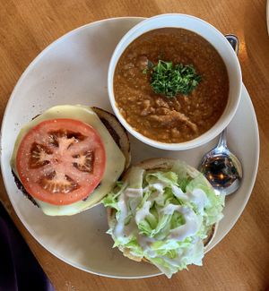 Steakhouse burger w/ lentil soup at Veggie Grill by Next Level in El Segundo