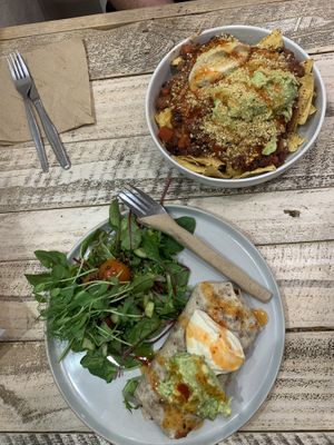 Bean burrito and nachos   at Perfect Break Vegetarian Cafe in Gerringong