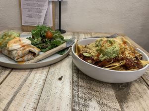 Bean burrito and nachos   at Perfect Break Vegetarian Cafe in Gerringong