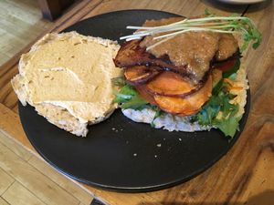 tofu burger at Perfect Break Vegetarian Cafe in Gerringong