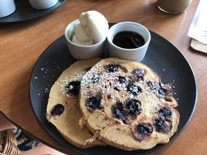 Vegan Blueberry pancakes and soy ice cream I are so good  ❤️ at Perfect Break Vegetarian Cafe in Gerringong