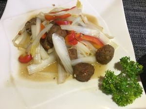 Lotus balls and stir fried veggies  at Pure Lotus in Yangshuo