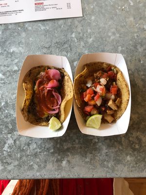 “Carne asada” and “pollo” mole  at Oaxaca Taqueria in Brooklyn