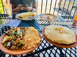 Vegan Meal (Left) with hash browns and two extra large pancakes ! at Batter Up Pancakes in Fresno