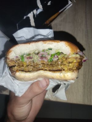 Double vegan burger with vegan cheese at Anti Burger in Panama City