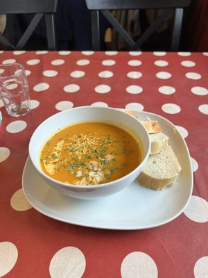 Pumpkin soup! The bread is also vegan.   at Galdur in Holmavik