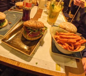 The vegan Kutscher burger with a multigrain bun. And an amazing vegetable patty. at Hans im Glück in Nuremberg