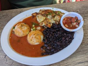 Huevos rancheros w Yo Egg (vegan poached egg!) at Coyote Grill in Laguna Beach