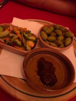 Smoked homemade harrissa, green olives from the island and veggie salad at Radisson Blu Udaipur Palace in Mezraya