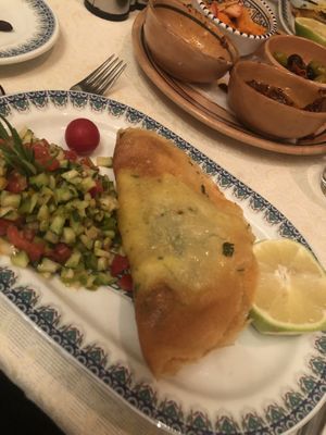  Traditional Tunisian brick pastry filled with vegetables and side salad  at Radisson Blu Udaipur Palace in Mezraya