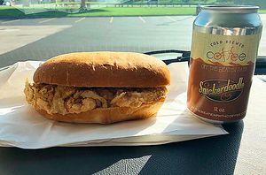 Chickpea sandwich and canned coffee at Happy Little Treats - High St in Columbus