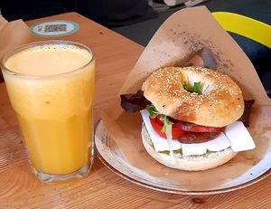 Vegan in Athens and fresh orange juice. Tasty stuff! at Big Bad Bagels - Baznicas in Riga