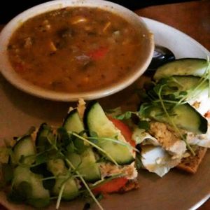 lentil vegetable soup and hummus and sprouts sandwiches. at Heartwood Bakery & Cafe in Halifax