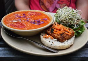 Daily vegan special from Heartwood. Cajun tofu sandwich with a side bowl of smoky tomato soup. Yummy! at Heartwood Bakery & Cafe in Halifax
