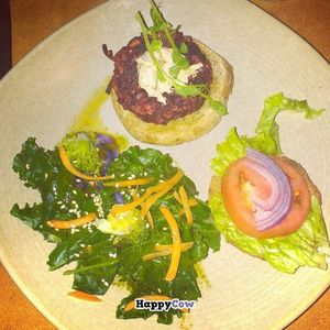 Vegan beet burger and steamed veggies.  at Heartwood Bakery & Cafe in Halifax
