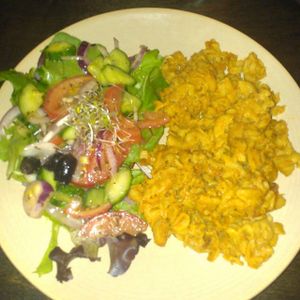 Vegan mac and cheese and greek salad at Heartwood Bakery & Cafe in Halifax