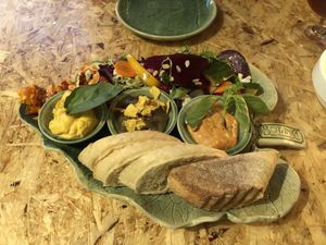 Ciabatta with various spreads. The curry spread was   so yummi ! 🙃😋😋😋  at Botanica in Magdeburg