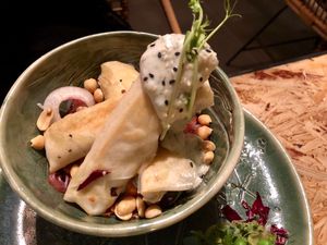 dumplings on glass noodles at Botanica in Magdeburg