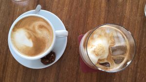 Soy Latte (with complementary Peanut Butter Cookie) and Iced Soy Latte at Ink Mind Core in Mount Waverley