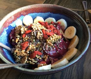 Frozen Acai and buckwheat granola breakfast bowl at Lotus in Jackson