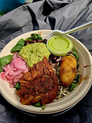 Burrito Bowl with fried banana at Juicygreens in Jamaica Plain