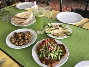 Sautéed mushrooms, hummus and Matafayah eggplant at Kir Heres in Karak