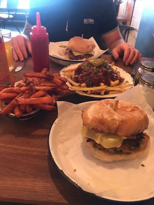 Hail Seitan burger, wacko Jacko fries and sweet potato fries  at The Meat Counter in Falmouth