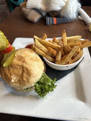 beyond burger with fries  at Firehall Pizza Company in The Blue Mountains