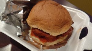 Vegan "chicken" sandwich, made from fried housemade seitan. Buffalo sauce added. at Urban Soul Grill in Cleveland