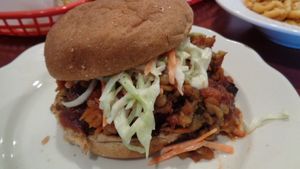 pulled bbq lentils sandwich topped with coleslaw at Urban Soul Grill in Cleveland