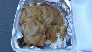 Vegan smothered chicken with gravy over rice (fried seitan) at Urban Soul Grill in Cleveland