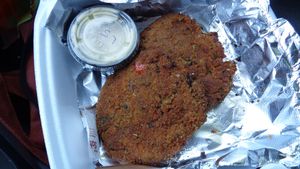 Vegan crabcakes with lemon dip (pureed banana blossoms and veggies, fried to perfection) at Urban Soul Grill in Cleveland
