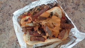 vegan phillie cheesesteak, housemade seitan and cheese sauce at Urban Soul Grill in Cleveland