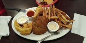 Fish, crab cakes and fries platter. Awesome sauces with the platter! at Urban Soul Grill in Cleveland