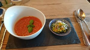 Gazpacho with avocado topping at Hotel Restaurant Burg Klause in Fehmarn