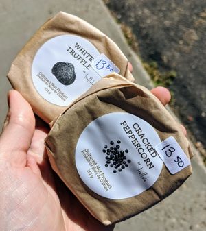 2 of the 5 vegan cheese options.  at Food in the Nūd in Edmonton