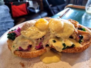 Vegan fried eggs with vegan hollondaise at Zetta's Pantry in Fitzroy