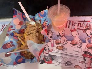 Animal fries and sparkling lemonade! at Monty's Good Burger - Koreatown in Los Angeles