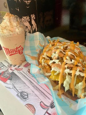 Dog Pile Fries and Pumpkin Pie milk shake at Monty's Good Burger - Koreatown in Los Angeles