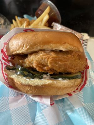 Crispy chicken sandwich   at Monty's Good Burger - Koreatown in Los Angeles